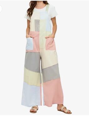 Patchwork Wide-Leg Overalls - Pastel Multi